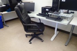 Lot of Adjustable 82"x32" Work Table w/Glass Top, (2) Monitor Stands and Task Chair.