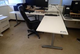 Lot of L-Shaped Adjustable Work Table, (3) Monitor Stands and Task Chair.