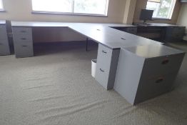 Duplex L-Shaped Workstation w/(4) Pedestals and Lateral 2-Drawer File Cabinet.