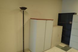 Lot of 5-Shelf Bookcase, (2) Storage Cabinets and Floor Lamp.