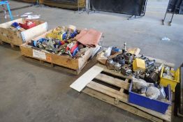 Lot of (3) Pallets Hydraulic Rams, Fluid Gauges, Hydraulic Filters, Valves, Asst. Clamps, etc.