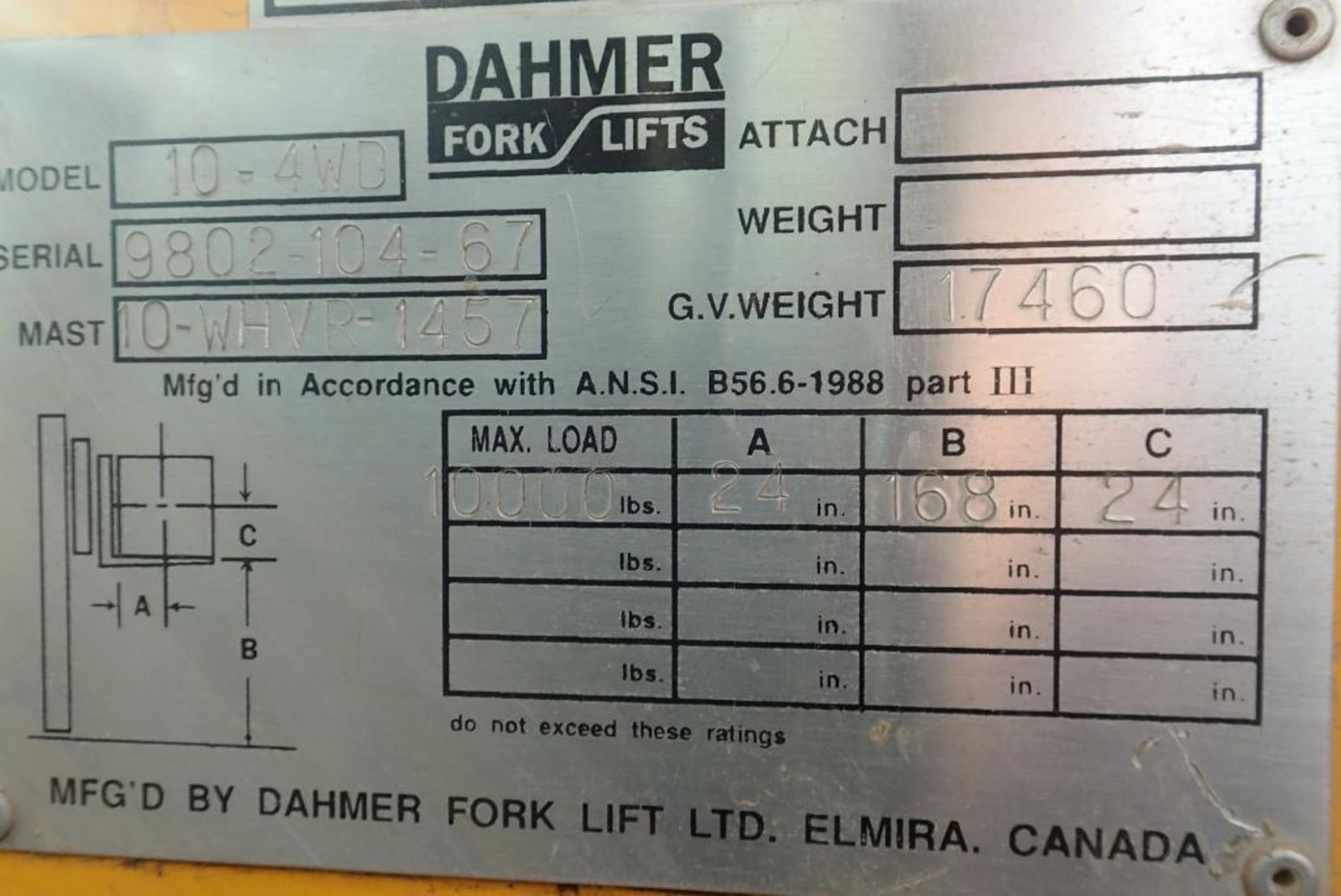 Dahmer 10-4WD 10,000lbs Capacity Diesel Forklift. SN 9802-104-67. - Image 8 of 9