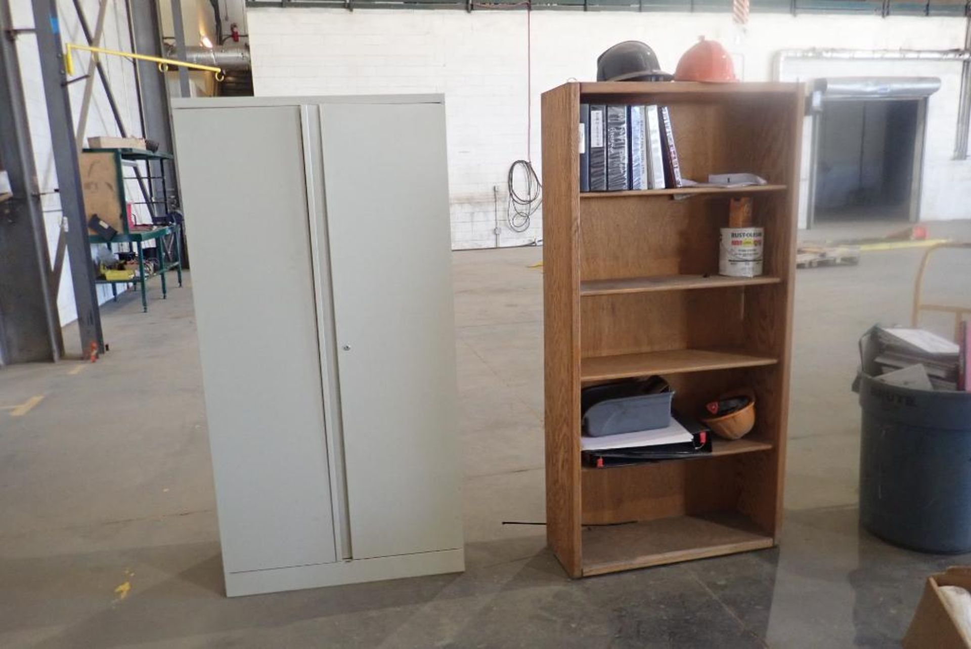 Lot of Metal Storage Cabinet and Wooden Shelving Unit.