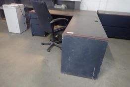 Lot of L-Shaped Single Pedestal Desk, Task Chair and Credenza.