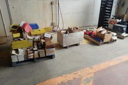 Lot of (3) Pallets Asst. Fittings, Chain, Switches, Synthetic Lubricant, First Aid Kits, etc.