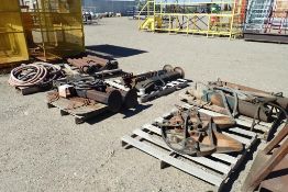 Lot of (6) Pallets w/(4) Trailer Dollies, (2) Hydraulic Rams, 5th-Wheel Hitch, etc-SILVER PAINT.