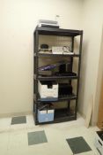 Lot of Asst. In/Out Trays, (2) Bookcases, Table, Binding Machine, etc.