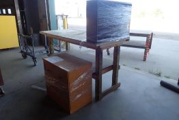 Lot of Wooden Shop Bench, 2-Drawer Storage Cabinet and Metal Parts Bin w/Asst. Hydraulic Fittings.