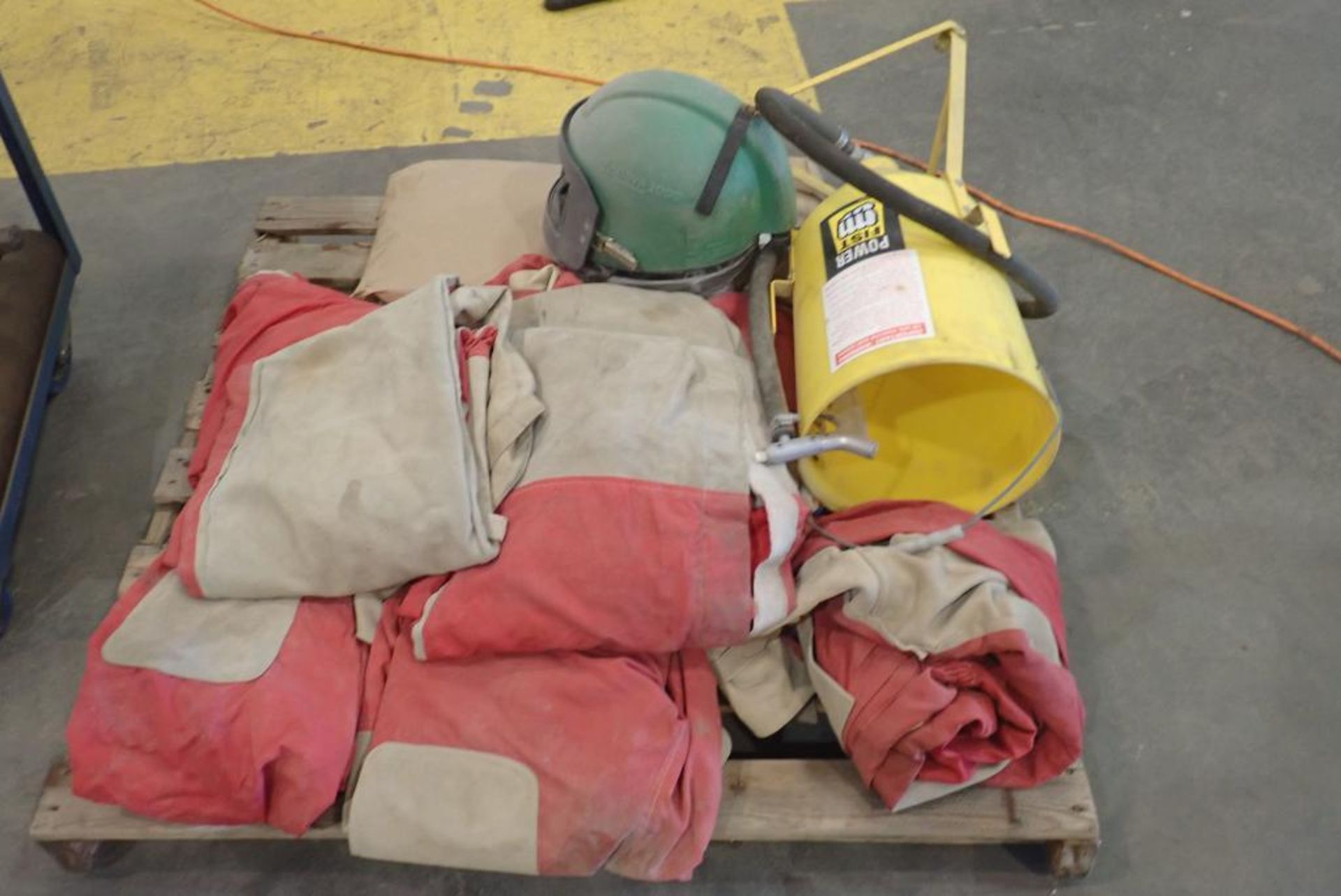 Lot of Sand Blast Pot, Nova 2000 Helmet, Mod-U-Blast Drying Tablets & Approx. (8) Sandblast Suits.