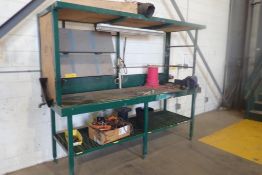 Lot of Metal 8'x32" Work Bench w/Vice and Contents.