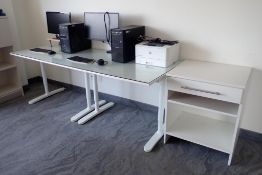 Lot of Adjustable 7'x32" Work Table w/Glass Top, Monitor Stand and Storage Cabinet.