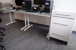 Lot of Adjustable 7'x32" Work Table w/Glass Top, Monitor Stand and Storage Cabinet.