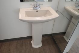 Mansfield Pedestal Sink w/ Delta Faucet and Oval 24"x36" Wall Hung Mirror.