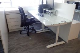 Lot of Adjustable 7'x32" Work Table w/Glass Top, Monitor Stand, Privacy Board and Storage Cabinet.