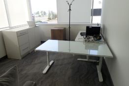 L-Shaped Workstation w/Powered Work Table, Adjustable Work Table w/Glass Top and Modified Credenza.