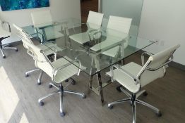 Bevelled Glass 80"x46" Meeting Table w/(6) Hydraulic Task Chairs.