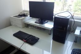 Lot of HP LaserJet Printer, Desktop Computer, LG Flatscreen Monitor, Keyboard and Mouse.