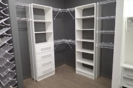 L-Shaped Closet Organizer Display w/Rubbermaid Wire Shelves and (2)Storage Units.