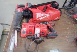 Lot of Milwaukee Cordless Reciprocal Saw, 3/8" Drill, (2) Batteries, (2) Chargers and Tool Bag.