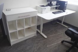 Lot of Powered Adjustable 63"x32" Work Table w/Monitor Stand and Storage Cabinet.