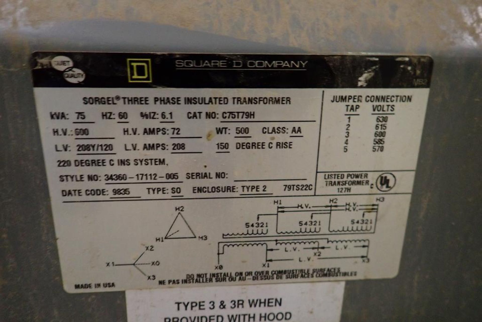 Lot of Sorgel 75Kva, 600V, 3-ph Transformer and (2) Breaker Boxes. - Image 2 of 2