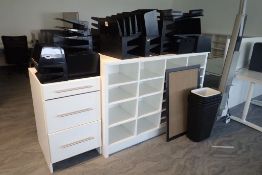 Lot of Stationary Storage Cabinet, 3-Drawer Cabinet, In/Out Trays, Waste Baskets and Cork Boards.