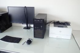 Lot of HP LaserJet Printer, Desktop Computer, LG Flatscreen Monitor, Keyboard and Mouse.