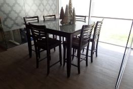 High Top 54"x54" Table w/ (6) Chairs- NOTE: (1) CHAIR MISSING RAILS.