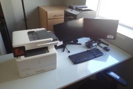 Lot of HP LaserJet Pro MFP M426FDN Printer, UPS, (2) Flatscreen Monitors, Keyboard and Mouse.