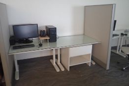 Lot of Adjustable 7'x32" Work Table w/Monitor Stand, Storage Cabinet and Privacy Divider.
