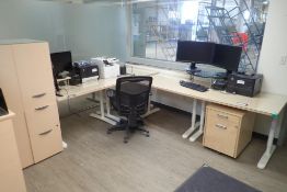 L-Shaped Workstation w/ (2) Adjustable Work Tables, Modified Credenza, Pedestal and Task Chair.
