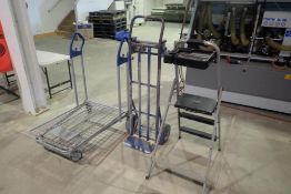 Lot of 3' Painters Ladder, 2-Wheel Hand Truck and 4-Wheel Cart.