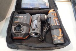 Lot of Ridgid Cordless Angle Drill, Battery Charger and Bits.