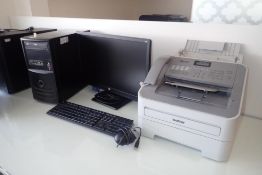 Lot of Brother Printer, Desktop Computer, HP Flatscreen Monitor, Keyboard and Mouse.
