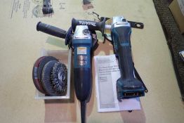 Lot of (2) Makita 5" Angle Grinders and Asst. Grinding Wheels- NOTE: NO BATTERY OR CHARGER.