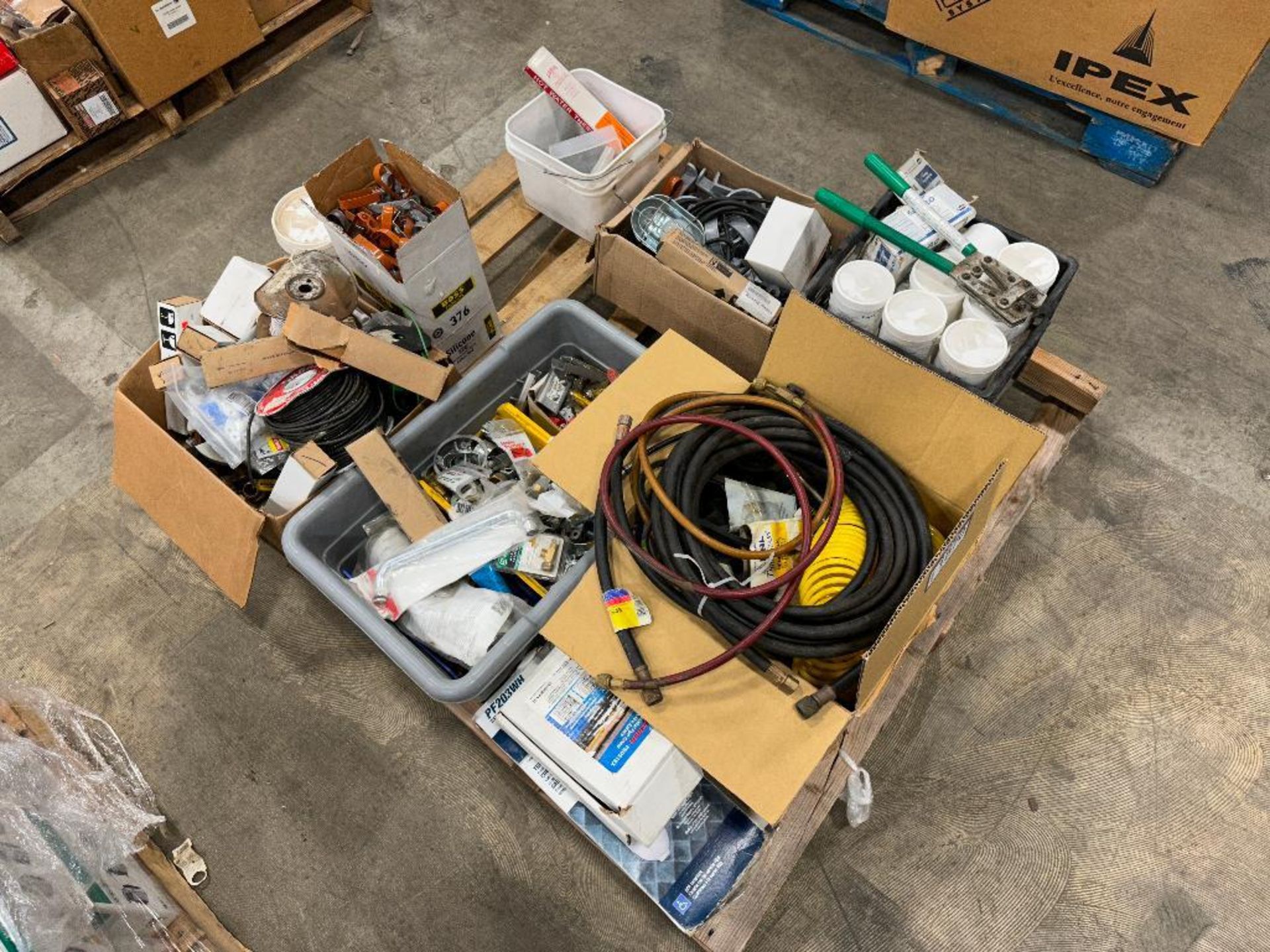 Pallet of Asst. Hose, Valves, Fittings, Wire, Descaler, Screws, etc.