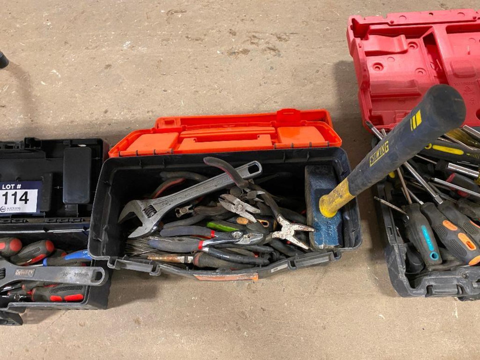 Tool Box w/ Asst. Tools including Pliers, Hammer, Tie Wire, Crescent Wrench, Cutters, etc.