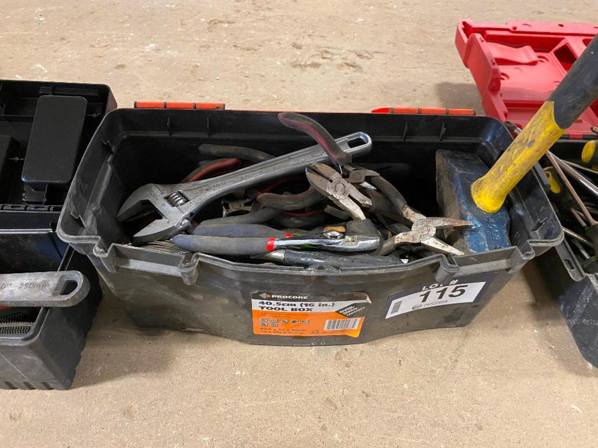 Tool Box w/ Asst. Tools including Pliers, Hammer, Tie Wire, Crescent Wrench, Cutters, etc. - Image 3 of 3