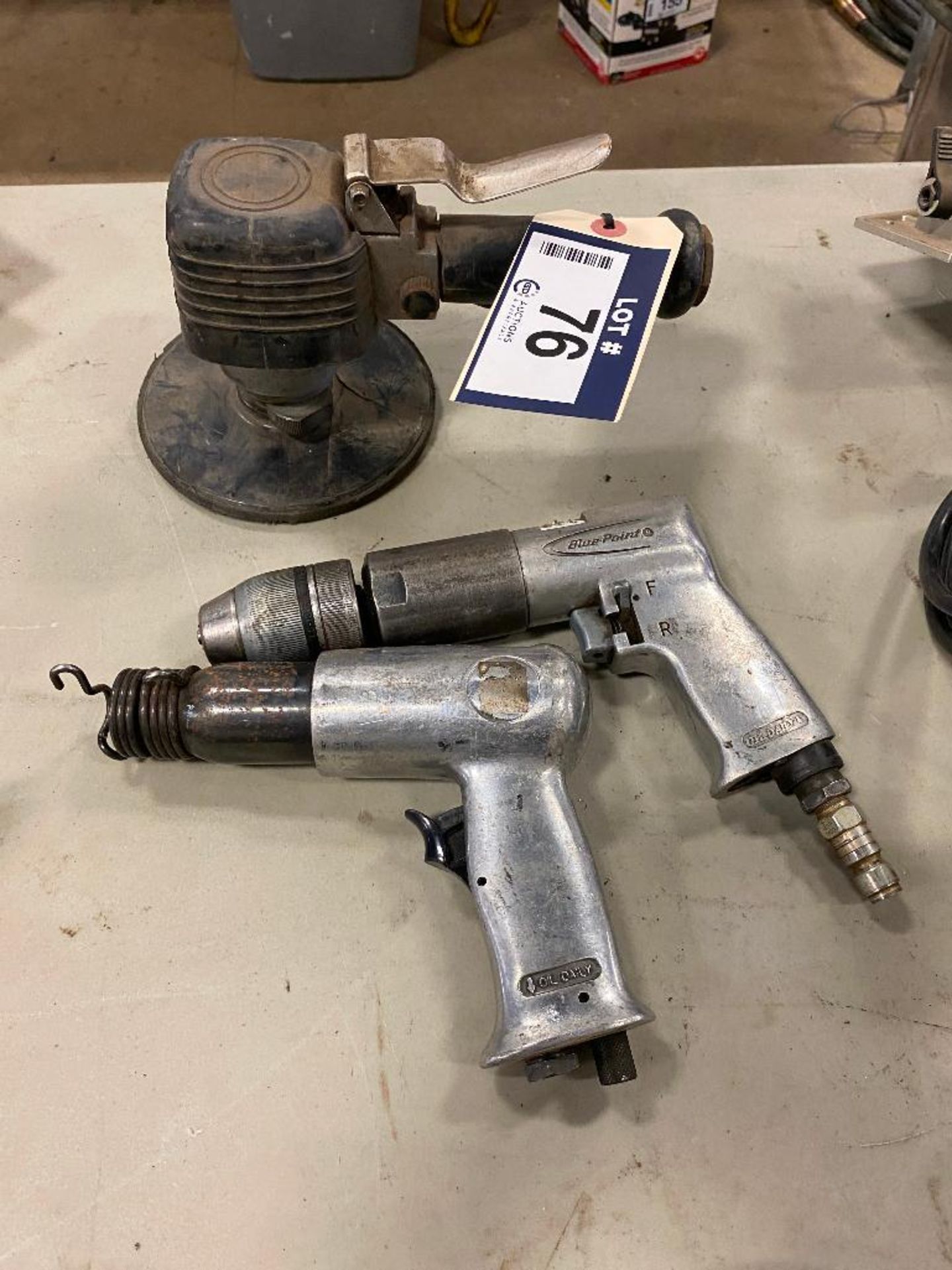Lot of Pneumatic Sander, Blue Point Pneumatic Drill and Pneumatic Air Chisel