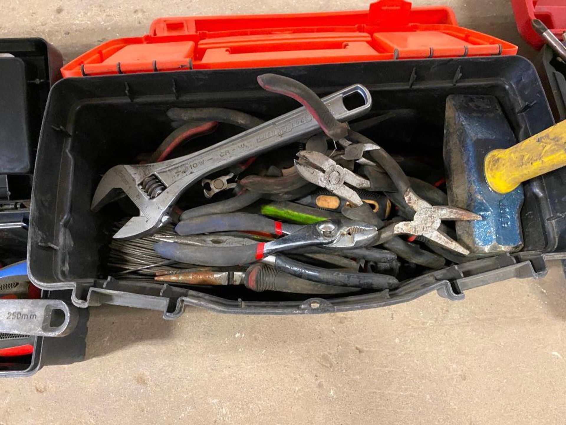 Tool Box w/ Asst. Tools including Pliers, Hammer, Tie Wire, Crescent Wrench, Cutters, etc. - Image 2 of 3