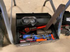 Tool Box w/ Asst. Tools including Screwdrivers, Pipe Wrench, Sledge Hammer, etc.