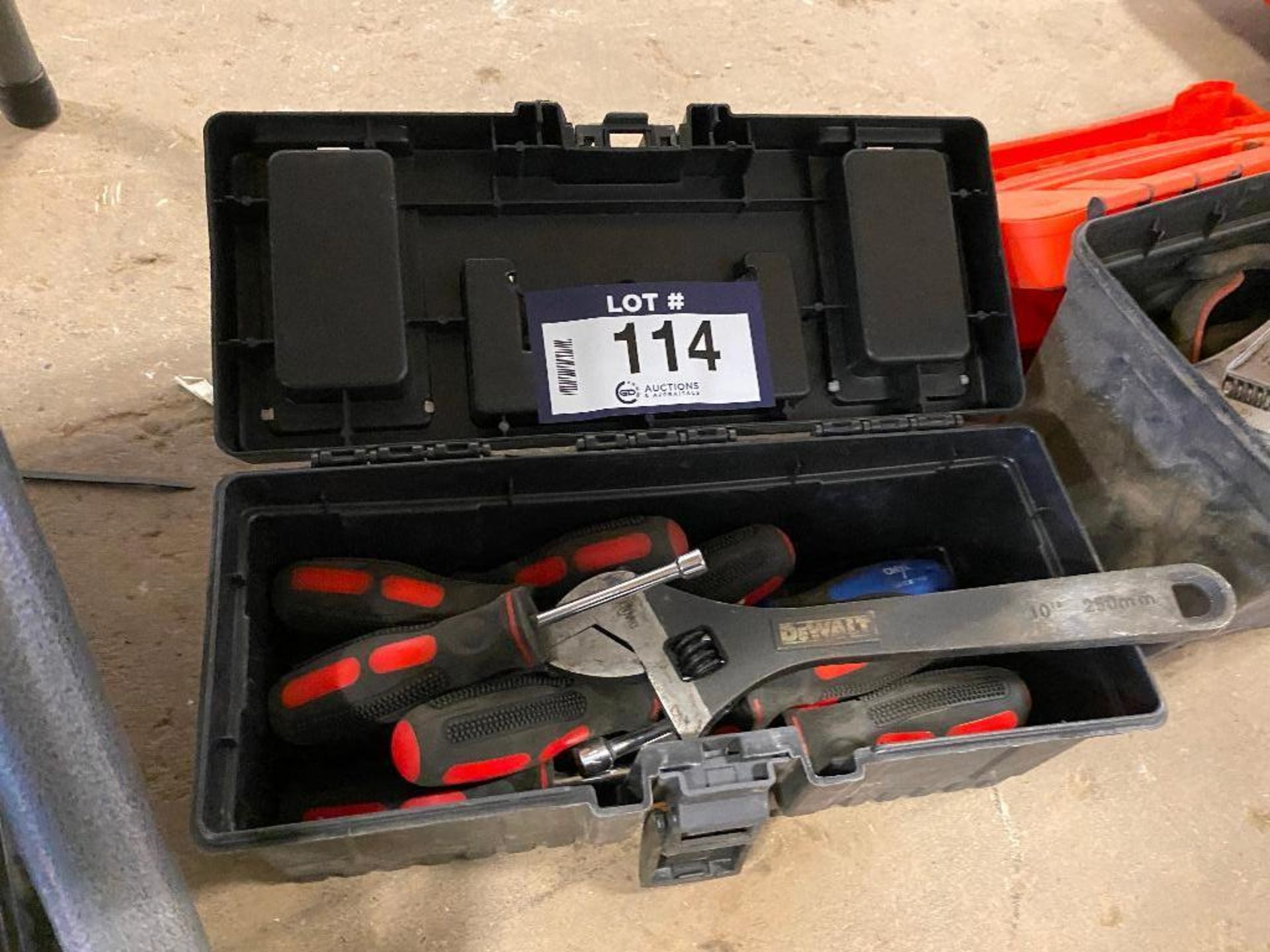 Tool Box w/ Asst. Tools including Crescent Wrench, Hex Screwdrivers, etc.