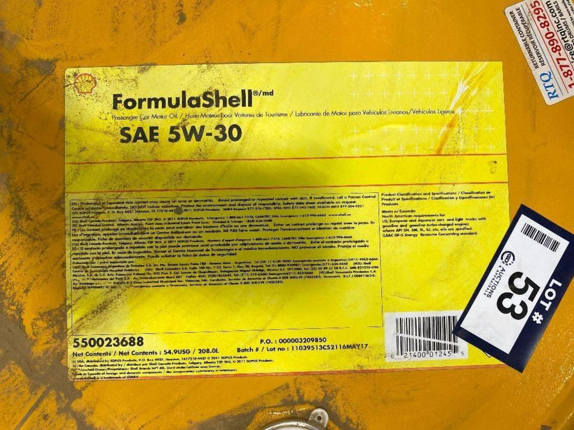 (1) 208L Drum of FormulaShell 5W-30 Motor Oil - Image 2 of 2