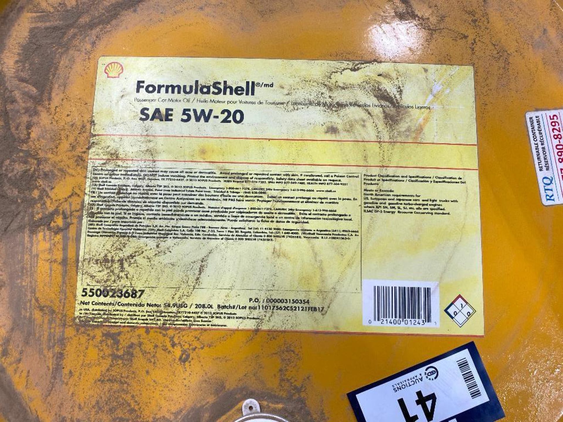 (1) 208L Drum of FormulaShell 5W-20 Motor Oil - Image 2 of 2