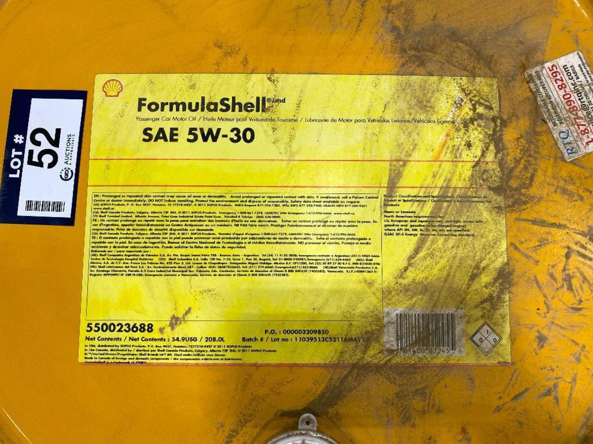 (1) 208L Drum of FormulaShell 5W-30 Motor Oil - Image 2 of 2