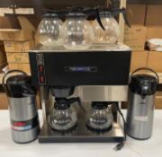 NEWCO RC-2 POUROVER COFFEE BREWER W/ GLASS DECANTER & (2) VACUUM INSULATED GLASS DOUBLE WALL PUMP PO