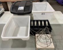 (3) ASSORTED STORAGE TOTES & CASH DRAWER TRAYS