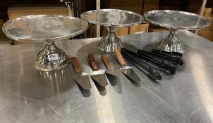 (3) STAINLESS STEEL ROUND CAKE STAND WITH PIE SERVERS & TONGS