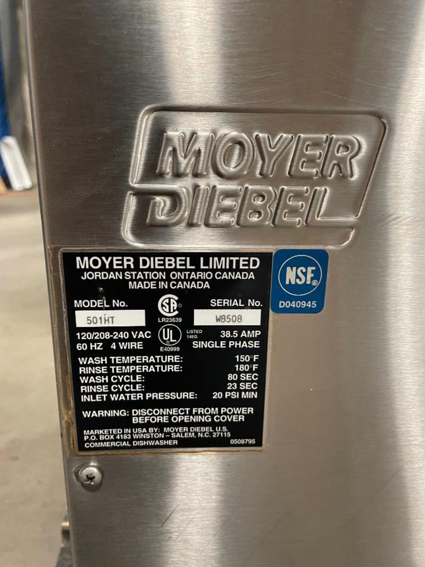 MOYER DIEBEL 501HT HIGH TEMPERATURE UNDERCOUNTER DISHWASHER - Image 6 of 9