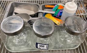 (3) GLASS STORAGE JARS & ASSORTED MEASURING SPOONS